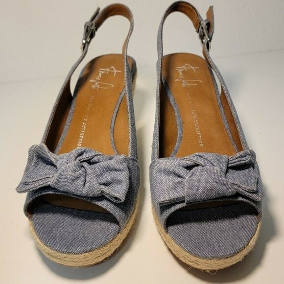 Franco Sarto Camino Blue Denim Espadrille Wedge Sandal Size 8.5 Bow Womens - Picture 2 of 10